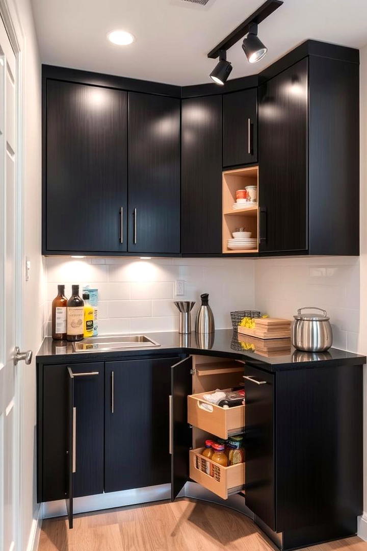 Space Saving Black Corner Cabinets - 30 Black Kitchen Cabinet Ideas