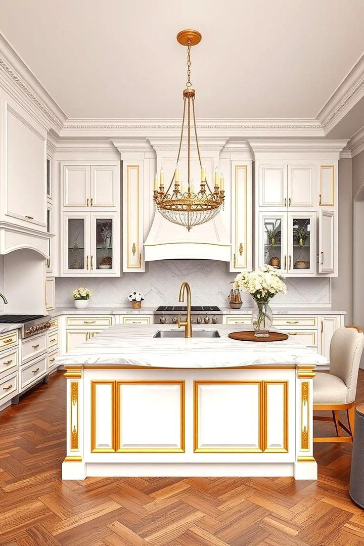 Statement Kitchen Island in White and Gold - 21 White and Gold Kitchen Ideas