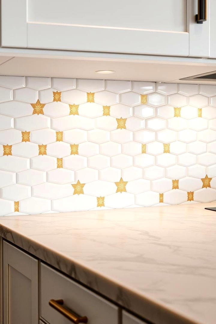 Stylish Backsplash Featuring White and Gold - 21 White and Gold Kitchen Ideas