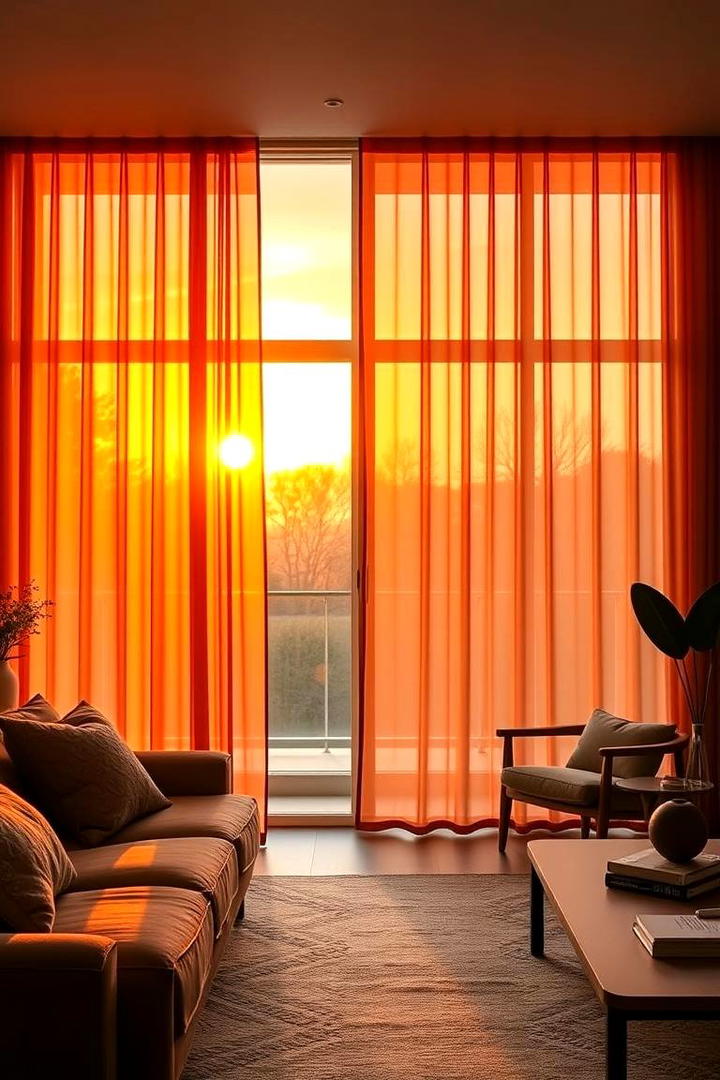 Sunset Hued Orange Curtains with Green Trims - 30 Green and Orange Living Room Ideas