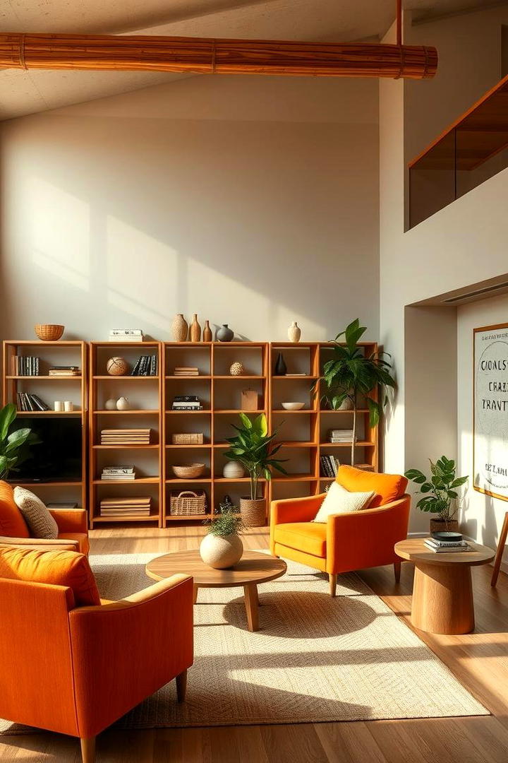 Sustainable Green Bamboo with Orange Upholstery - 30 Green and Orange Living Room Ideas