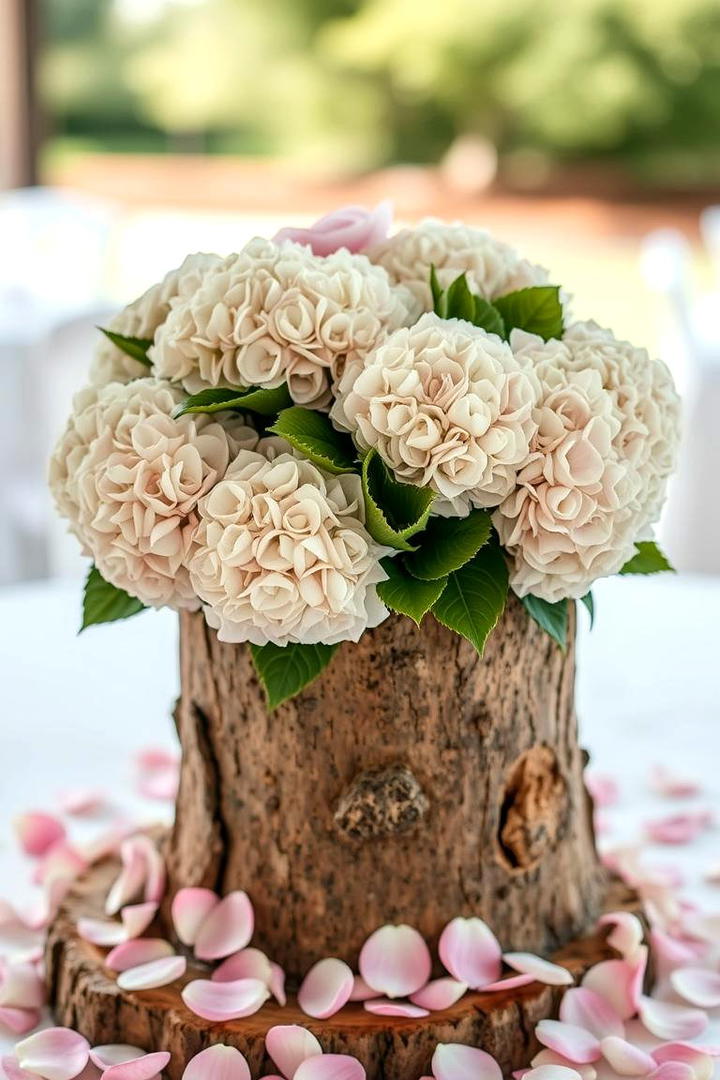 Tree Stump Centerpiece with Floral Accents - 30 Rustic Wedding Centerpieces