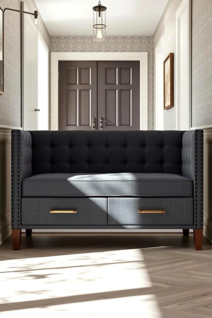 Upholstered Bench with Hidden Drawers - 30 Mudroom Bench Ideas