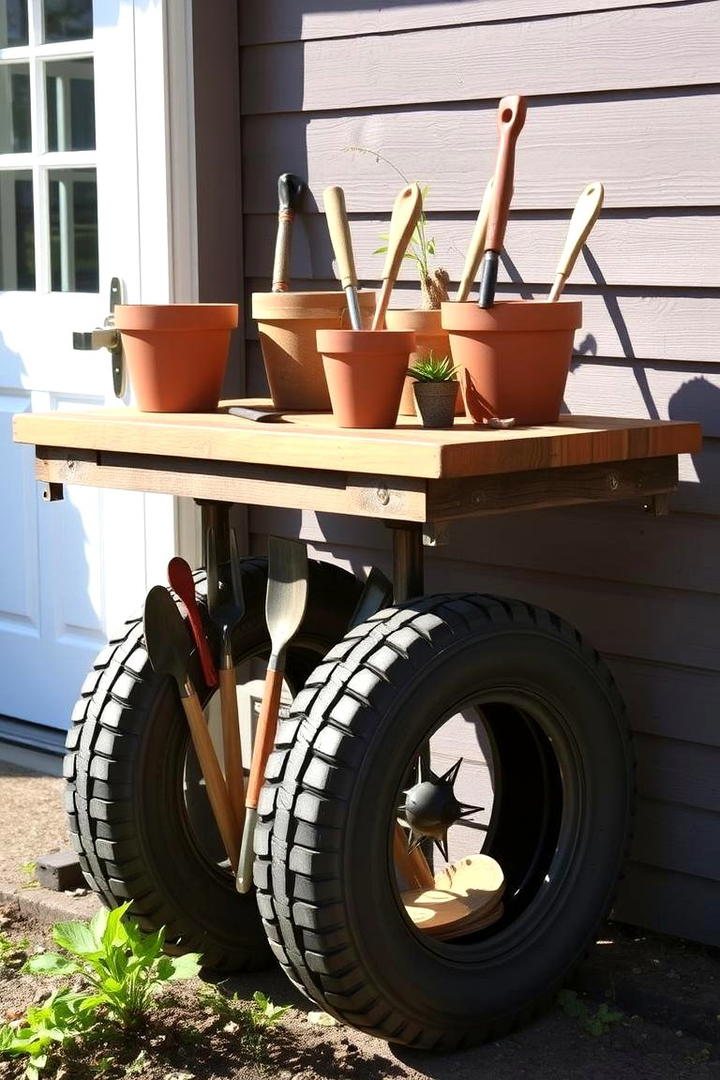 Versatile Tyre Potting Tables - 21 Recycled Tyre Garden Art Ideas