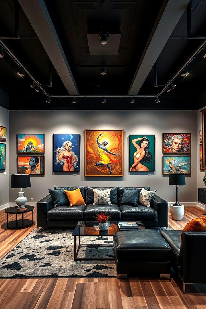 Vibrant Art Display on a Black Backdrop - 21 Black Couch Living Room Ideas