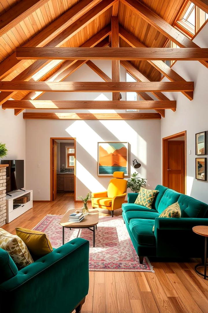 Vibrant Color Highlights - 30 Exposed Beam Living Room Ideas