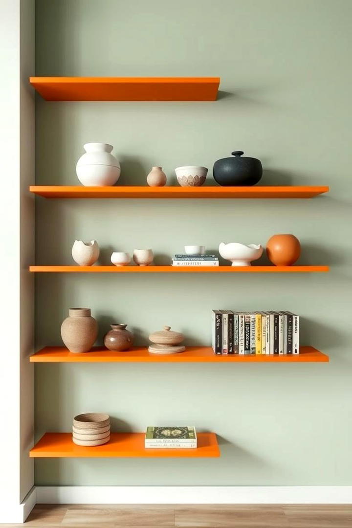 Vibrant Green and Orange Minimalist Shelves - 30 Green and Orange Living Room Ideas