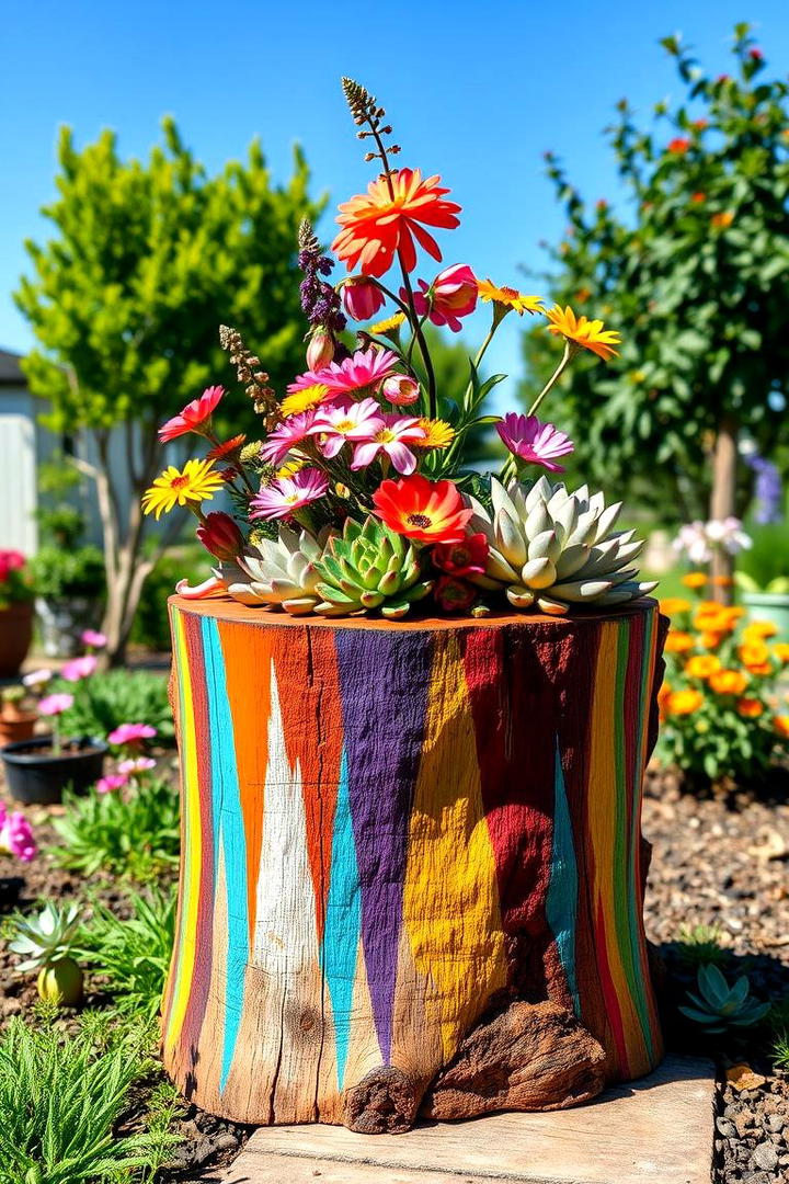 Vibrant Painted Planter - 21 Tree Stump Decorating Ideas