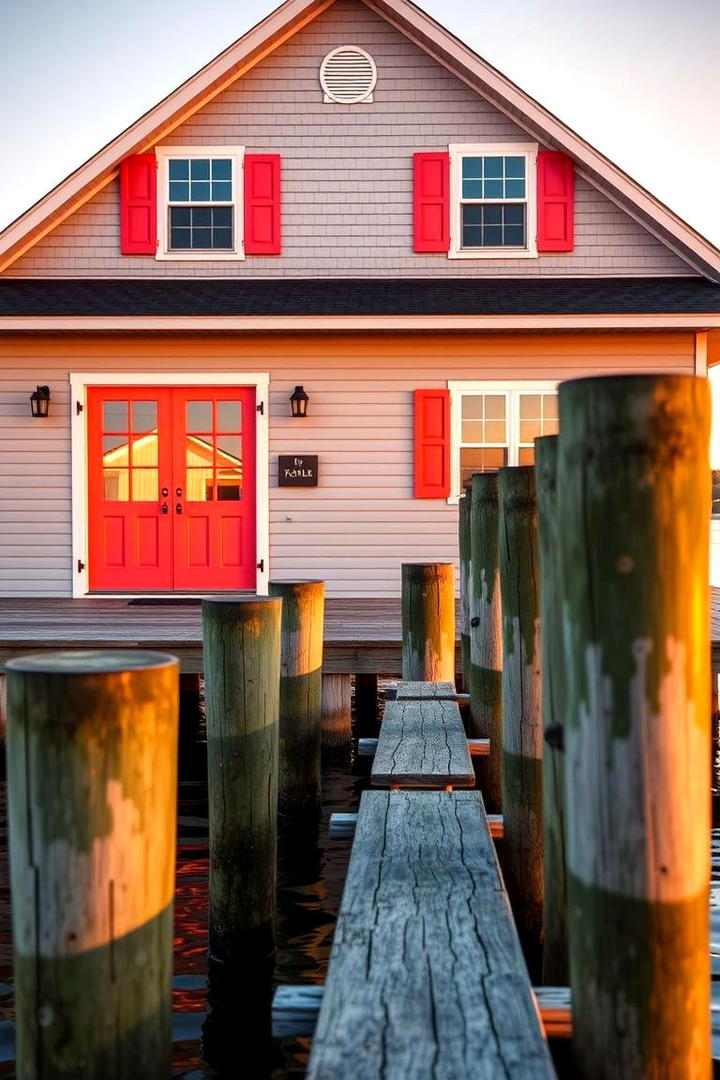 Vibrant Sunset Coral Accents - 30 Lake House Exterior Colors Ideas