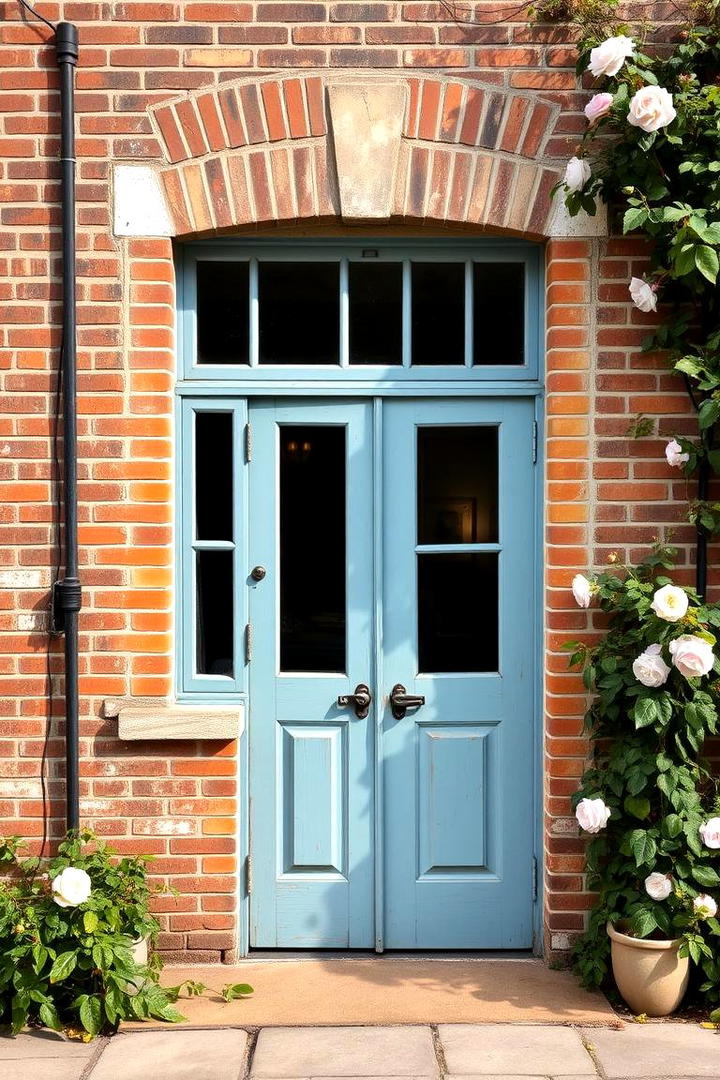 Vintage Brick with Dusty Blue Accents - 30 Exterior Brick and Paint Color Combinations