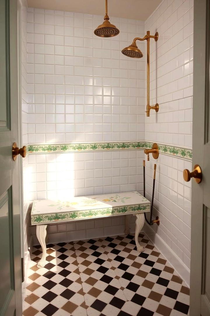 Vintage Charm Walk In Shower with Tile Bench - 21 Walk in Shower Ideas With Bench