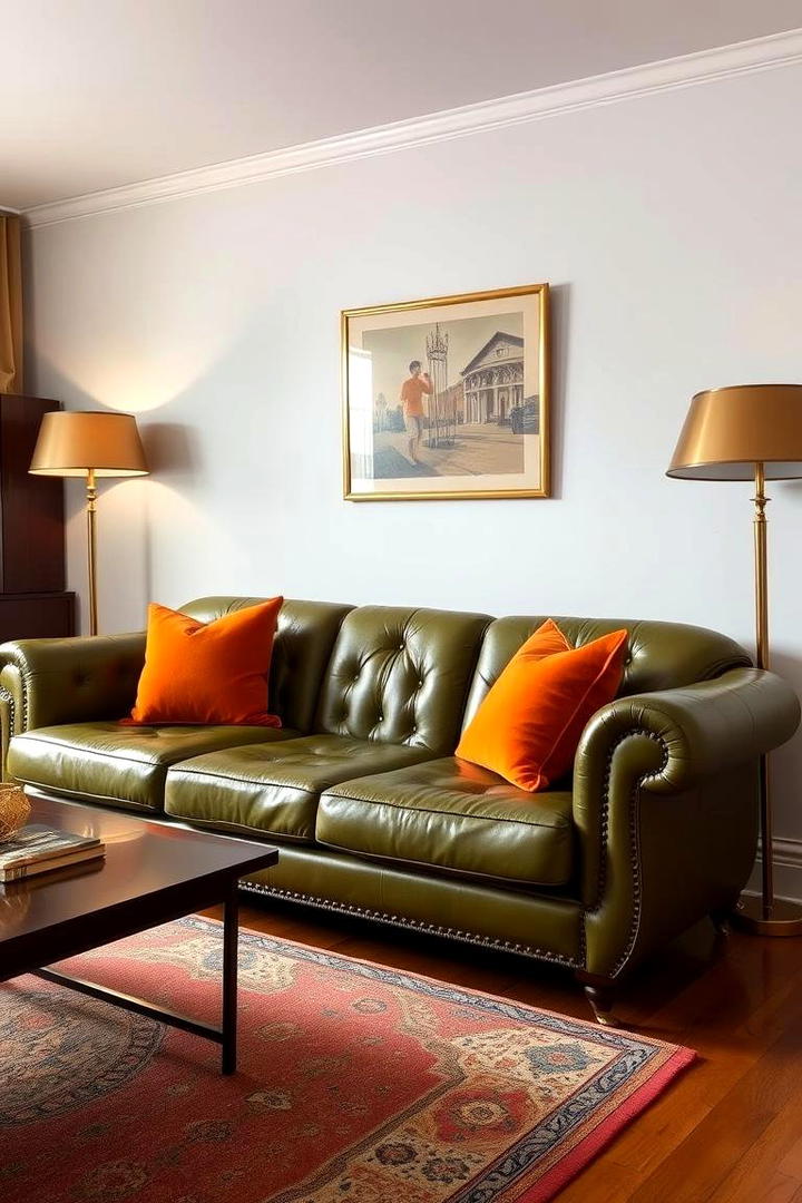 Vintage Green Leather Sofa with Orange Throw Pillows - 30 Green and Orange Living Room Ideas