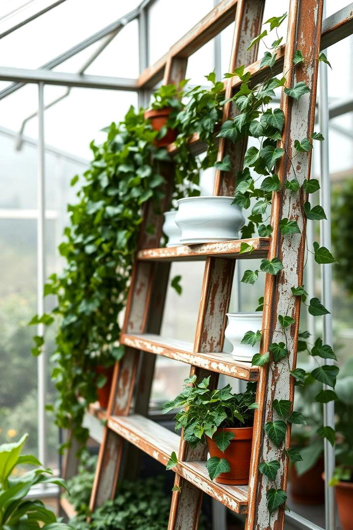 Vintage Ladder Inspired Shelving - 30 Greenhouse Shelving Ideas