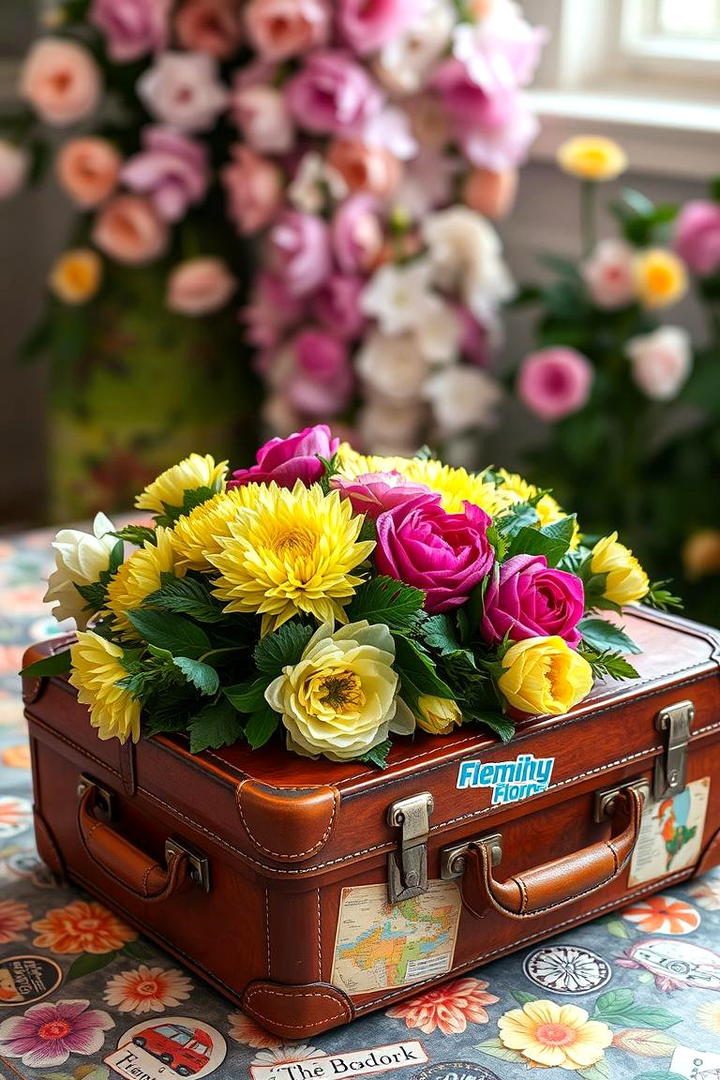 Vintage Suitcase Adorned with Blooms - 30 Rustic Wedding Centerpieces