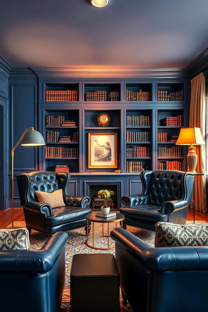 Warm Blue Lighting with Gold Elements - 30 Blue and Gold Living Room Ideas