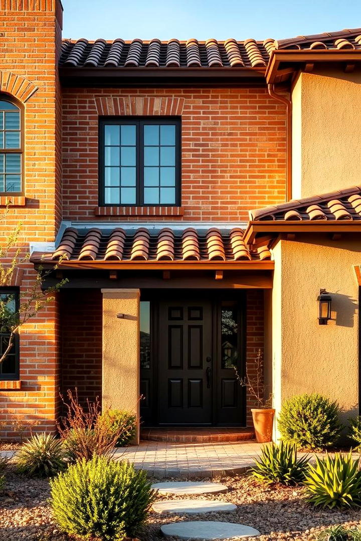 Warm Terracotta Brick with Soft Beige Paint - 30 Exterior Brick and Paint Color Combinations