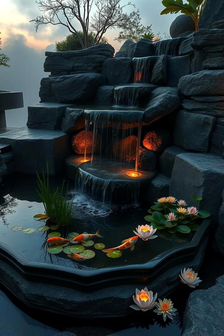 Water Feature Integrated Tiered Garden - 30 Tiered Garden Ideas