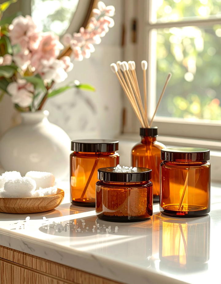 Amber Glass Containers - 50 fall bathroom decor ideas