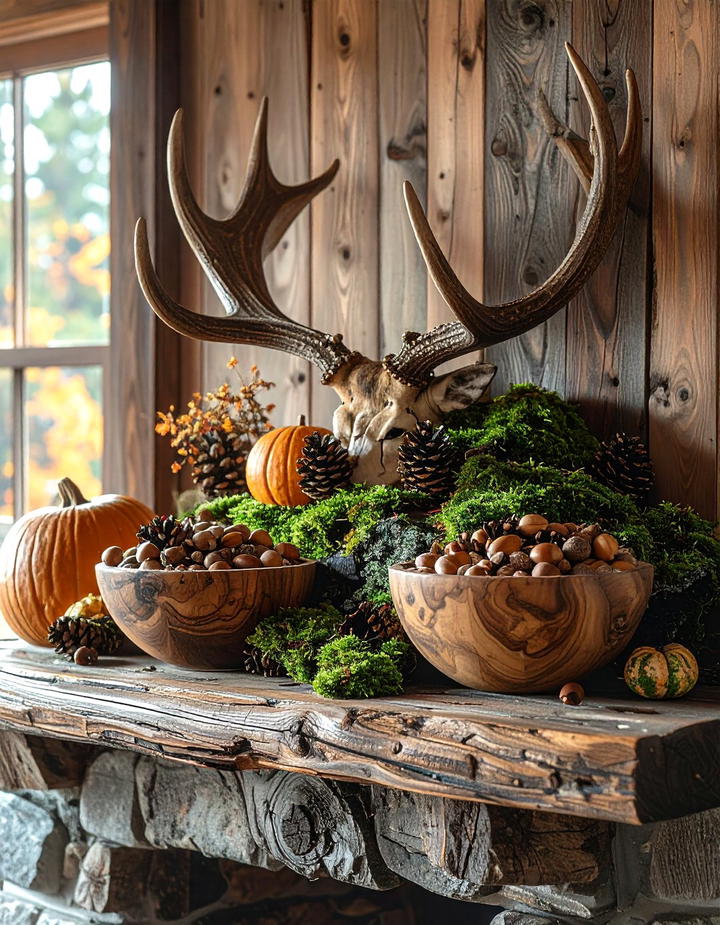Antler and Acorn Mantel Display - 50 fall mantel decor ideas