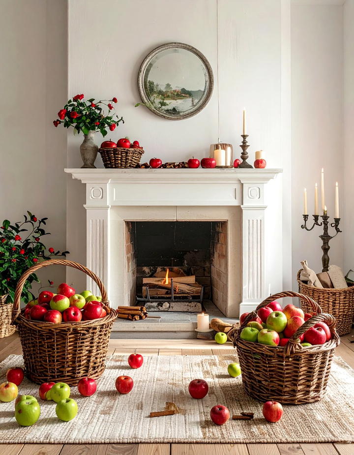 Apple Basket Hearth Display - 50 fall fireplace decor ideas