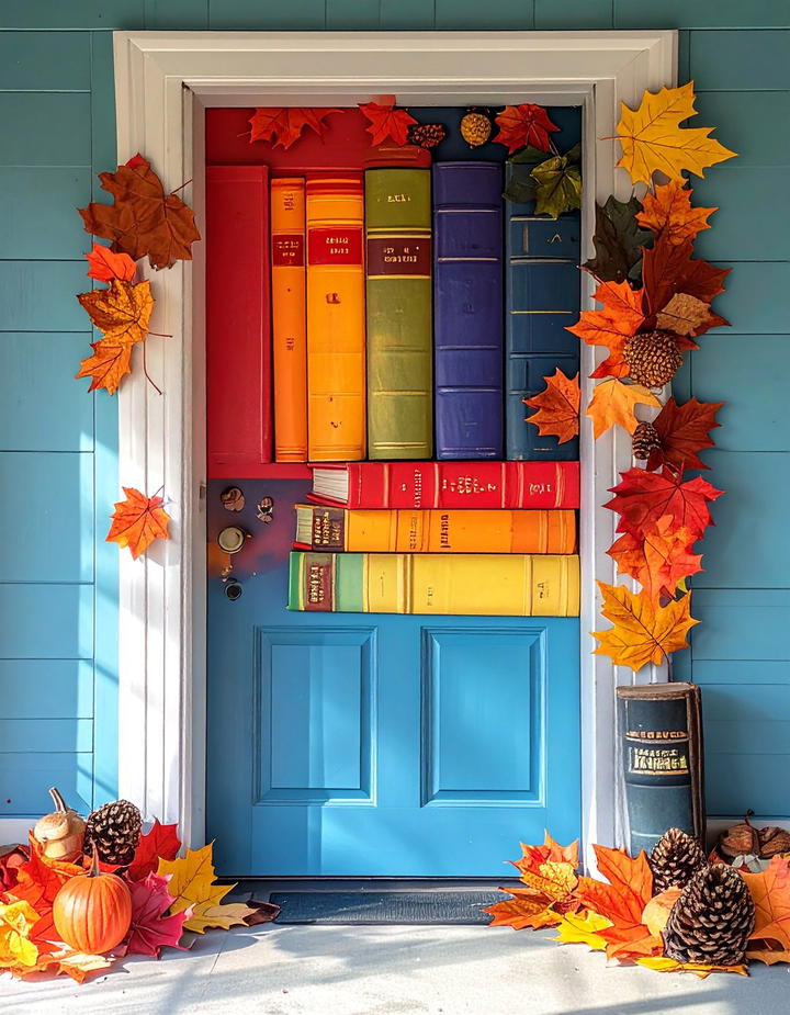 Autumn Book Stack - 50 fall door decor classroom ideas