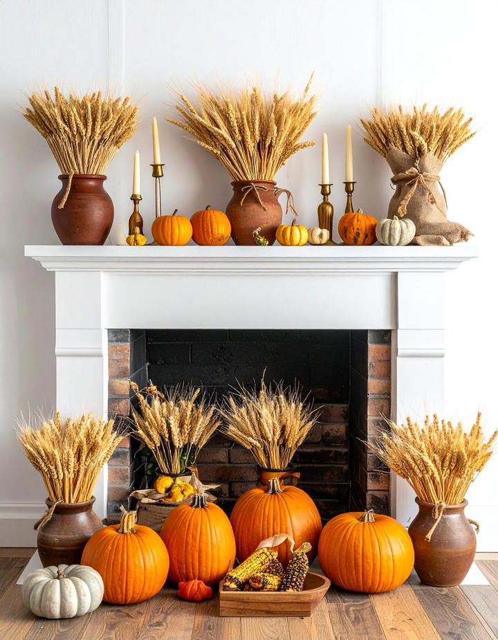 Autumn Harvest Mantel with Wheat Bundles - 50 fall mantel decor ideas