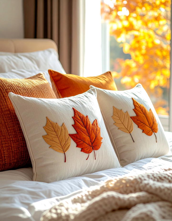 Bedroom Pillow Leaf Appliques - 50 fall leaves decor ideas