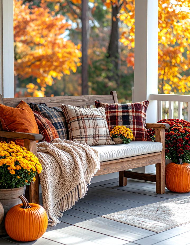 Bench Seating with Pillow Layers Porch - 50 fall porch decor ideas