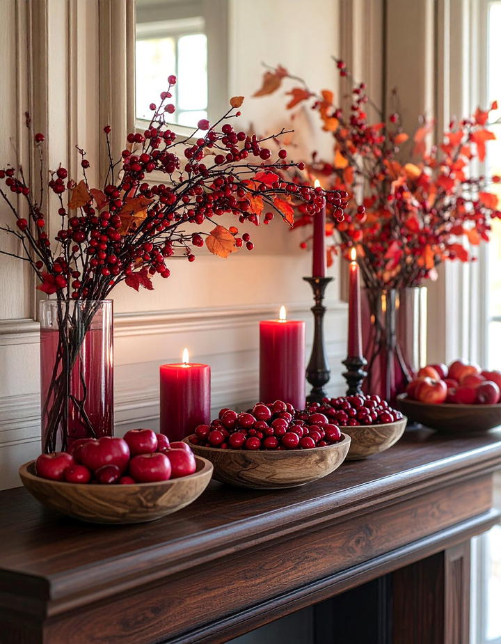 Berry and Branch Mantel Arrangement - 50 fall mantel decor ideas