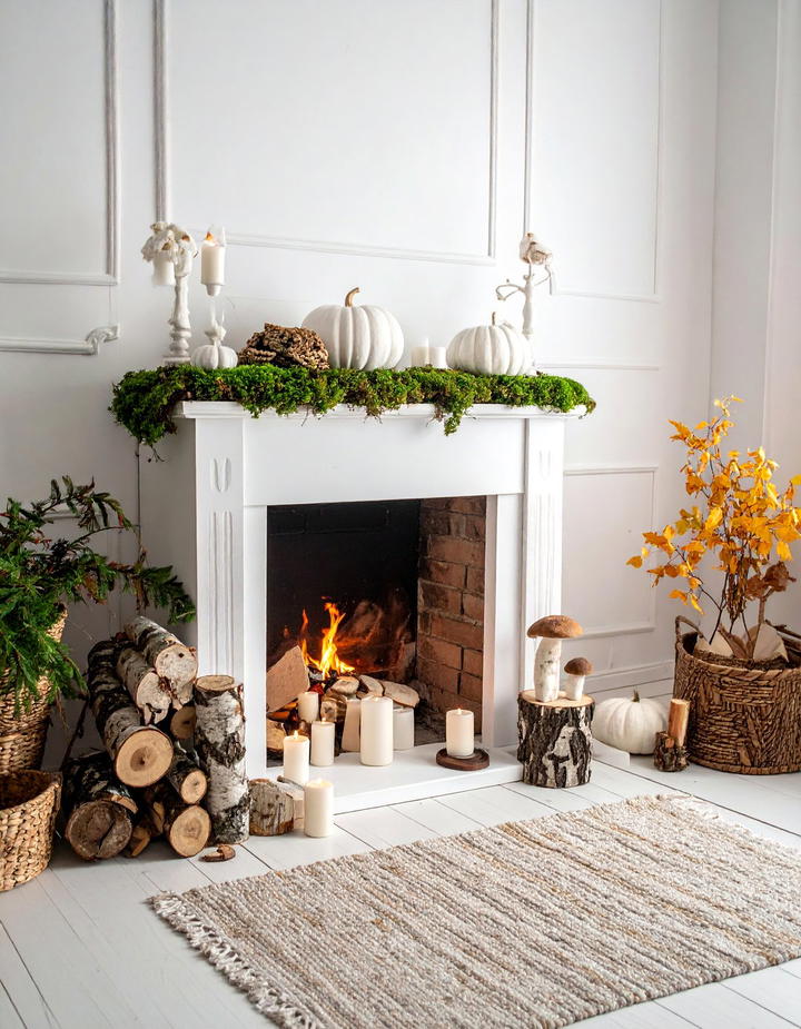 Birch Log and Moss Theme - 50 fall fireplace decor ideas