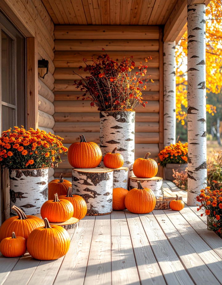 Birch Log and Natural Wood Porch - 50 fall porch decor ideas