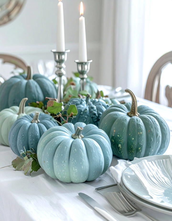 Blue and Green Heirloom Pumpkin Cluster - 50 fall pumpkin decor ideas