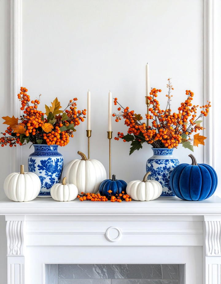 Blue and White Mantel with Fall Touches - 50 fall mantel decor ideas
