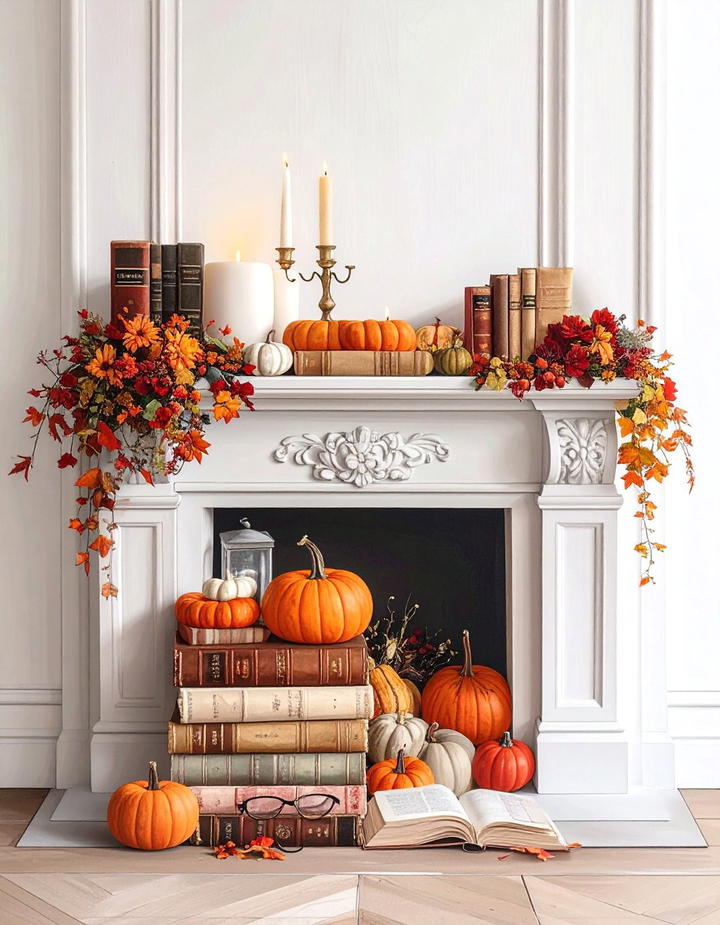 Book Stack Mantel Arrangement - 50 fall mantel decor ideas