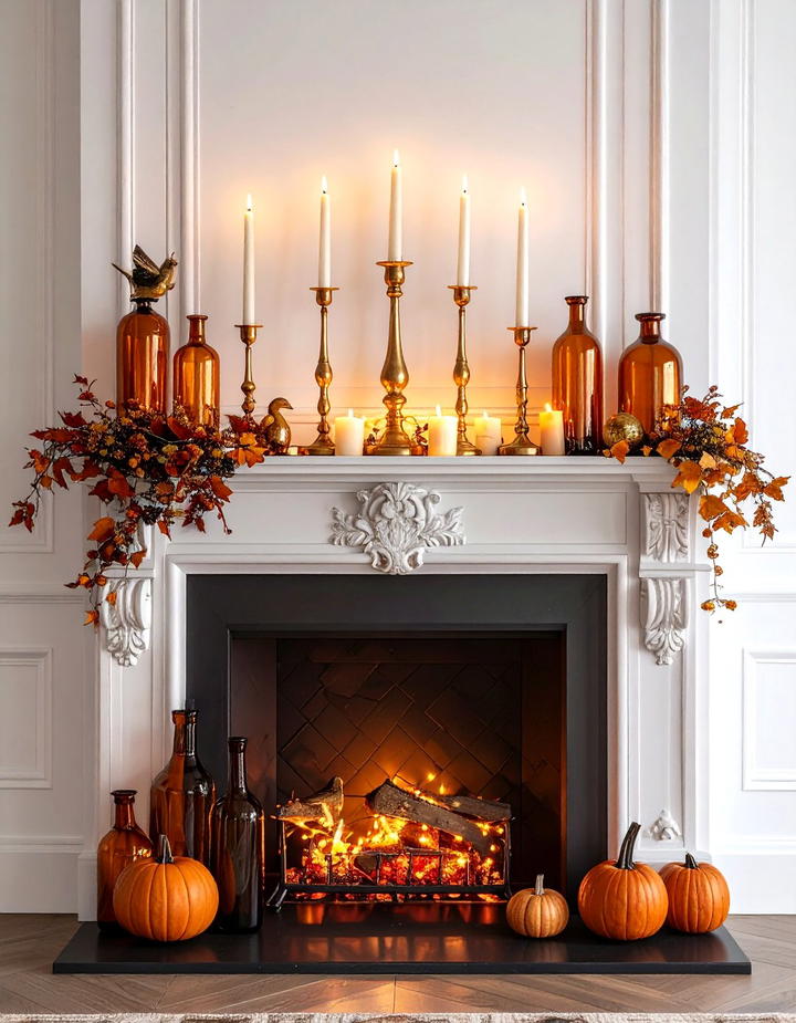 Brass and Amber Mantel Theme - 50 fall mantel decor ideas