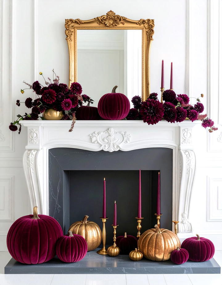 Burgundy Velvet Mantel Display - 50 fall mantel decor ideas