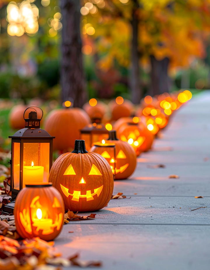 Candlelit Pumpkin Lantern Pathway - 50 fall pumpkin decor ideas