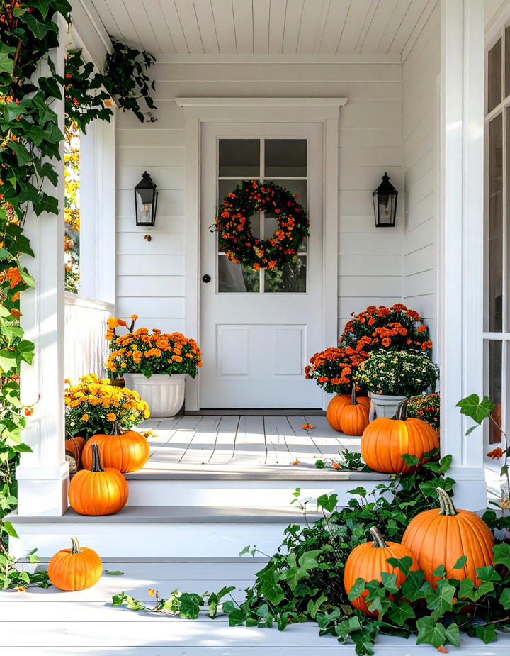 Cascading Ivy and Pumpkin Mix - 50 modern fall porch decor ideas