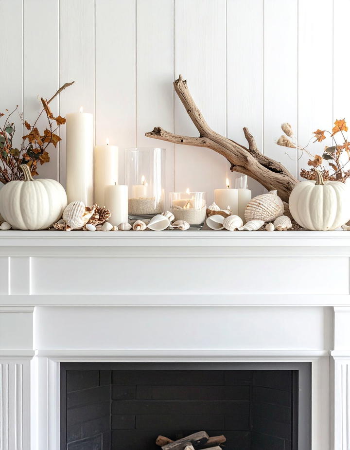 Coastal Fall Mantel with Driftwood - 50 fall mantel decor ideas
