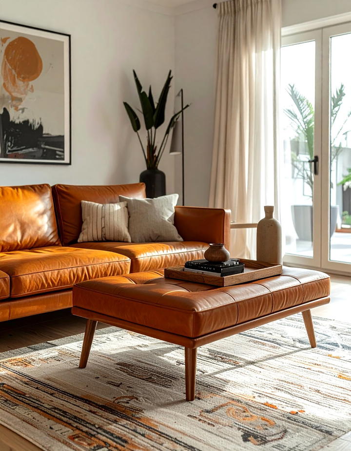 Cognac Leather Ottoman - 50 living room fall decor ideas