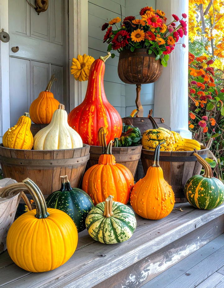Colorful Gourds and Squash Variety Porch - 50 fall porch decor ideas