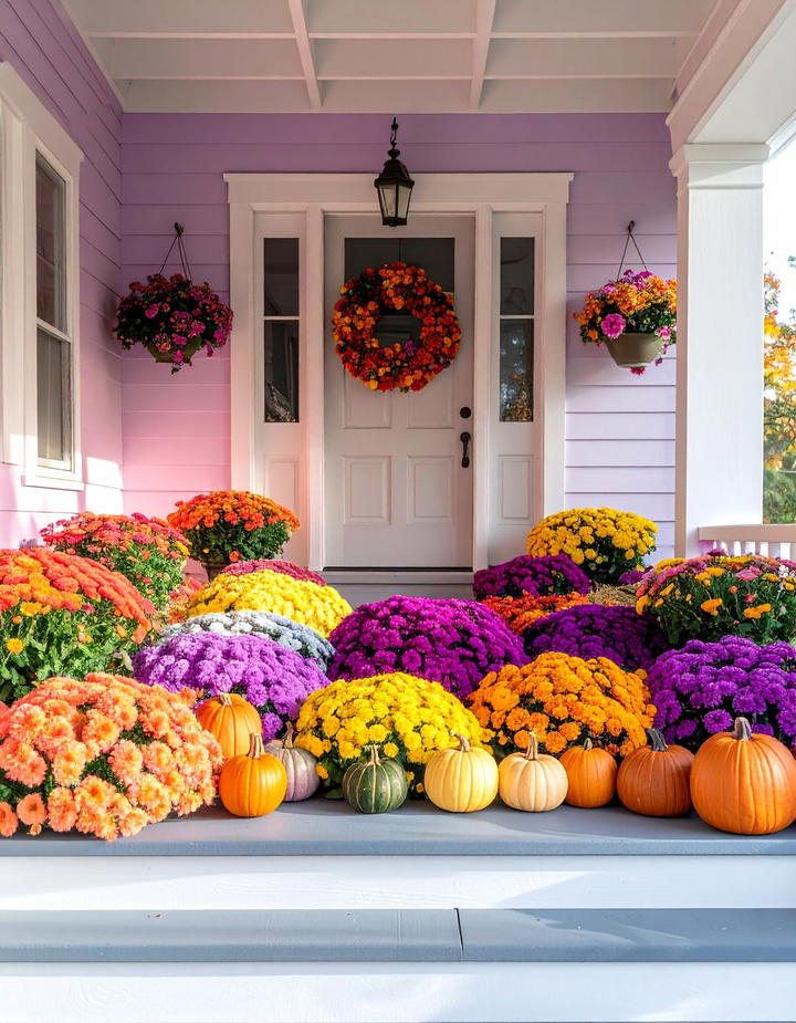 Colorful Rainbow Mum Arrangement Porch - 50 fall porch decor ideas