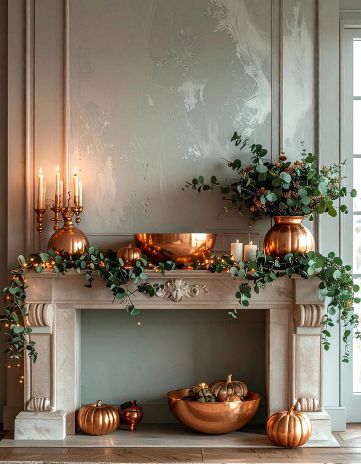 Copper and Greenery Mantel Theme - 50 fall mantel decor ideas