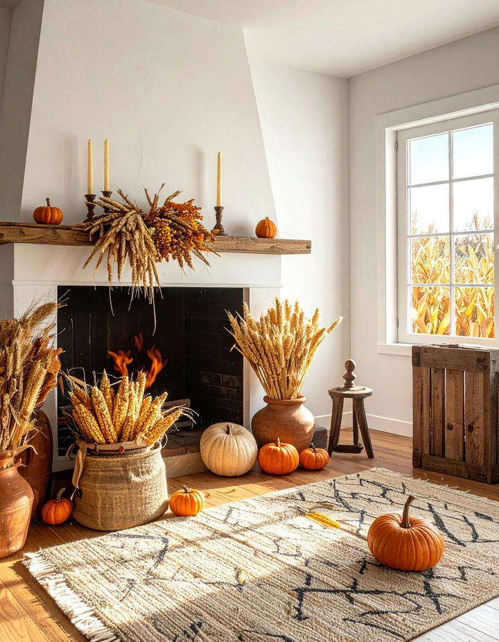 Corn Husk and Wheat Bundle - 50 fall fireplace decor ideas
