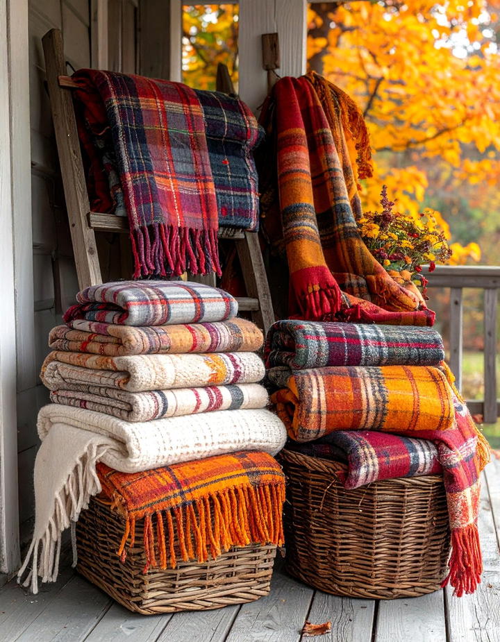 Cozy Plaid Blanket Layering Station Porch - 50 fall porch decor ideas