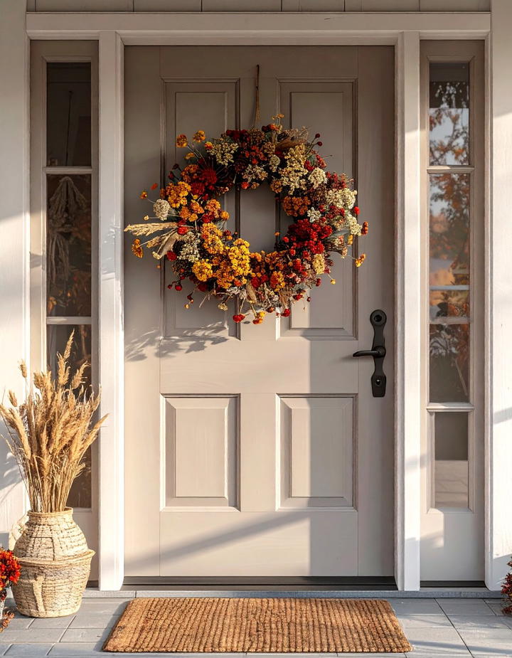 Dried Flower Wreath Display - 50 fall front door decor ideas