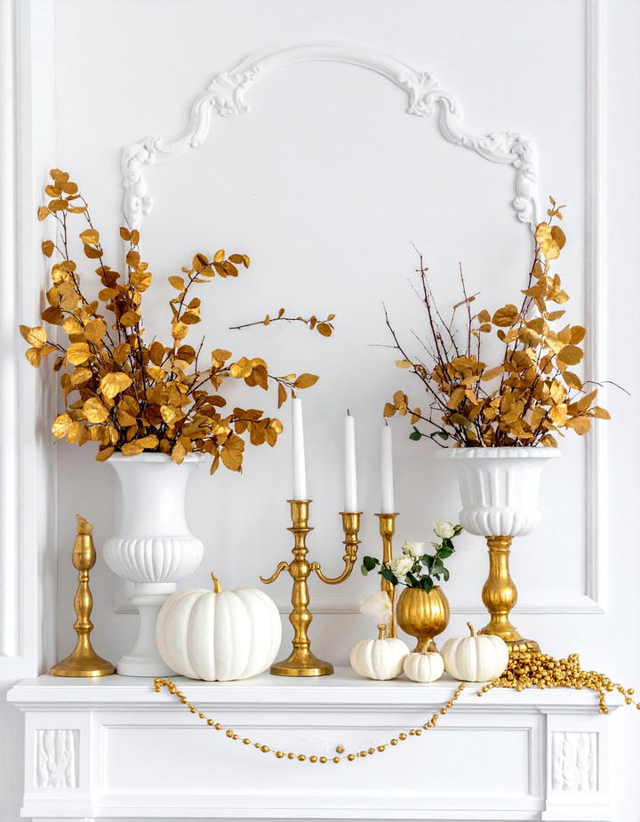 Elegant Gold and White Mantel - 50 fall mantel decor ideas