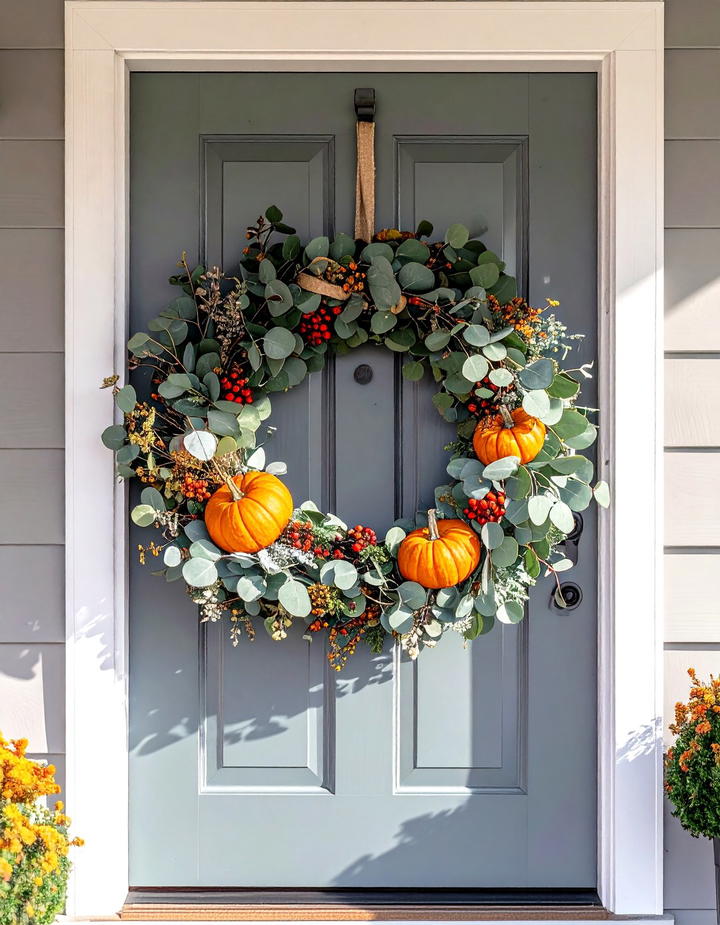Eucalyptus Wreath Front Door Display - 50 fall front door decor ideas