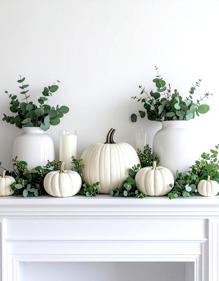 Eucalyptus and White Pumpkin Mantel - 50 fall mantel decor ideas