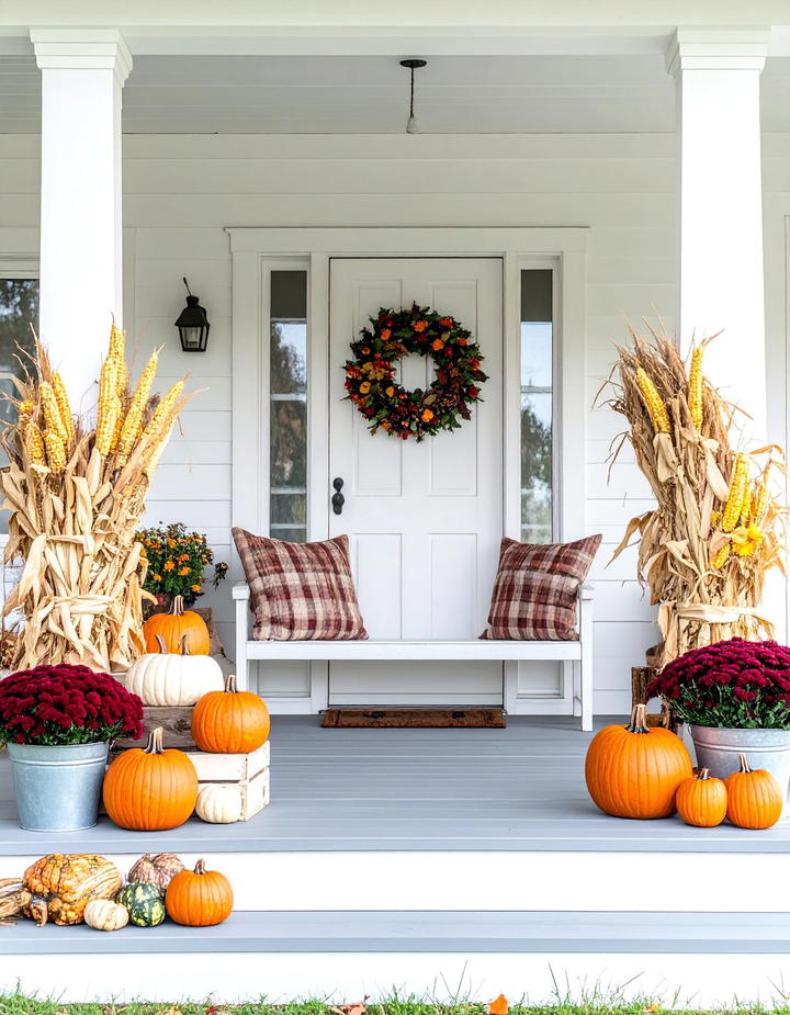 Farmhouse Corn Stalk Display Porch - 50 fall porch decor ideas